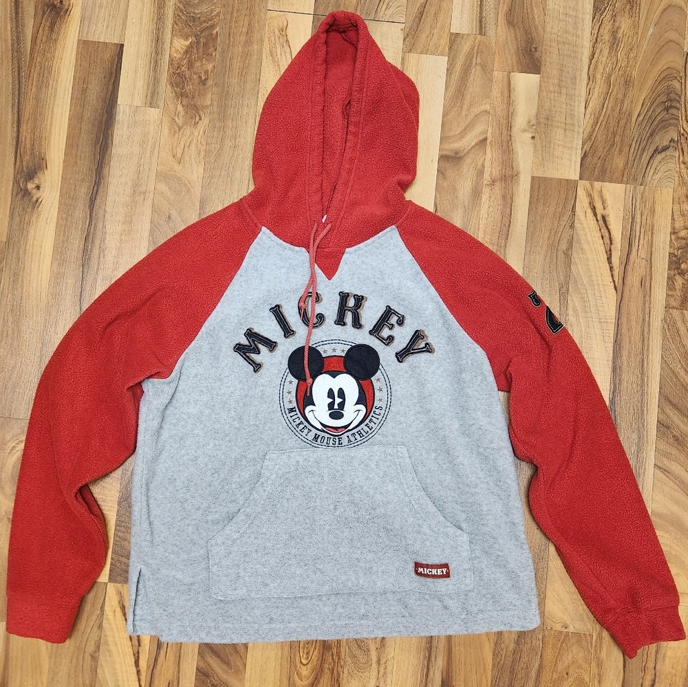 Vintage Mickey Mouse Y2K Color Block Hoodie Fleece Red Embroidered M Disney